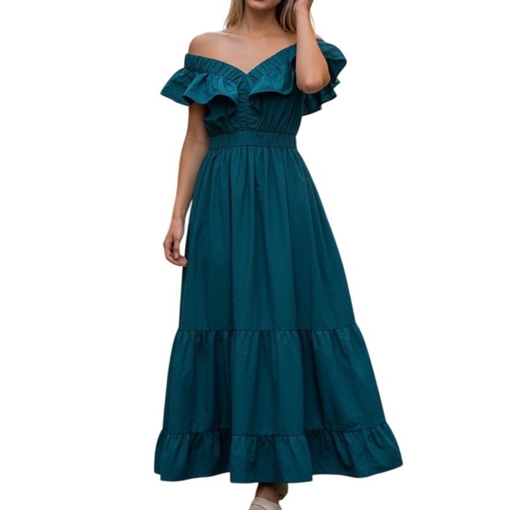 Japna Teal Blue Ruffle Off Shoulder Tiered Cotton Maxi Dress Medium